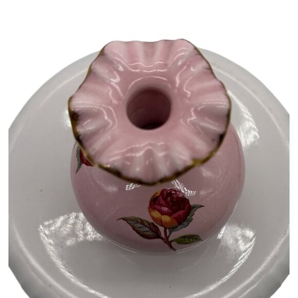 Vintage Pink Ceramic Rose Vase With Gold Detailing & Scalloped Rim 4"H X 3" W - Picture 5 of 6